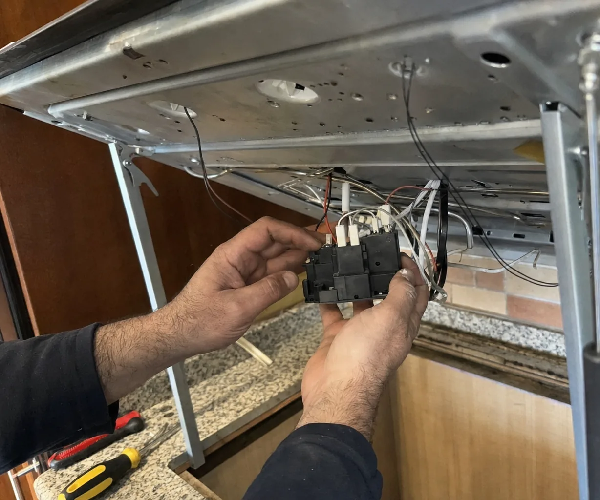 The underside of a raised gas cooktop, its wiring loom hanging free while the ignition module is held clear of the burner tubes