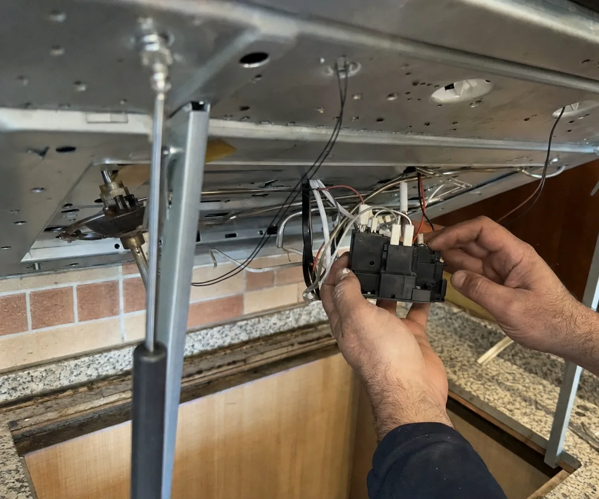 A small black electrical module and its multi-coloured wiring loom held in both hands beneath a cooktop raised out of its granite cutout