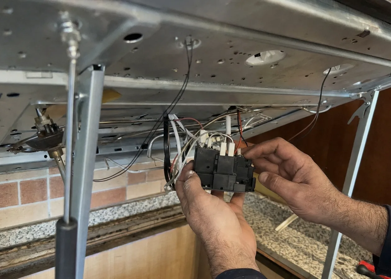 Screwdrivers resting on a granite worktop beside a cooktop raised out of its cutout, wiring visible in the cavity below