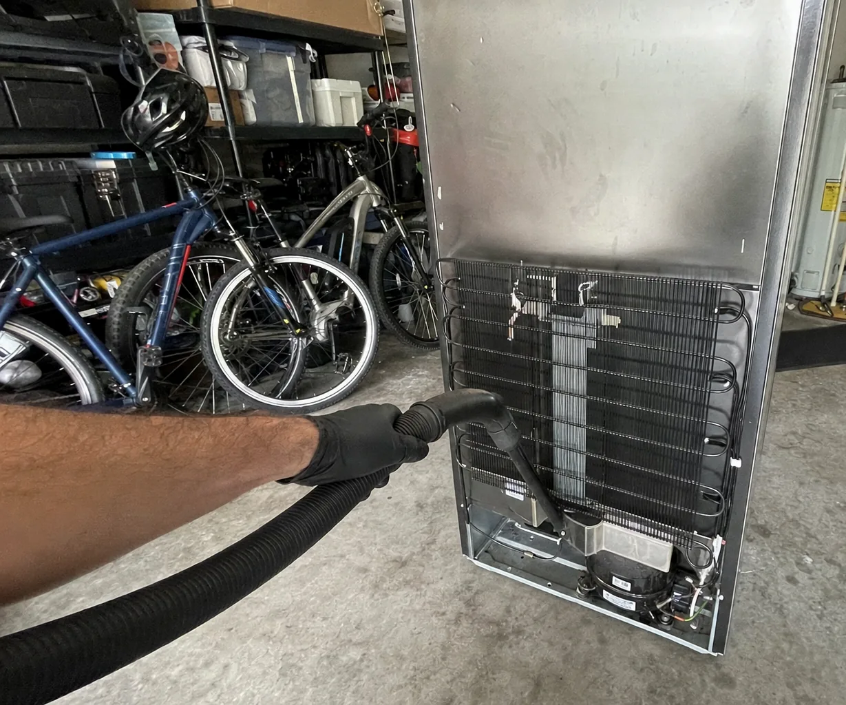A refrigerator standing clear of the wall in a garage, its coil freshly cleaned and the service panel not yet refitted
