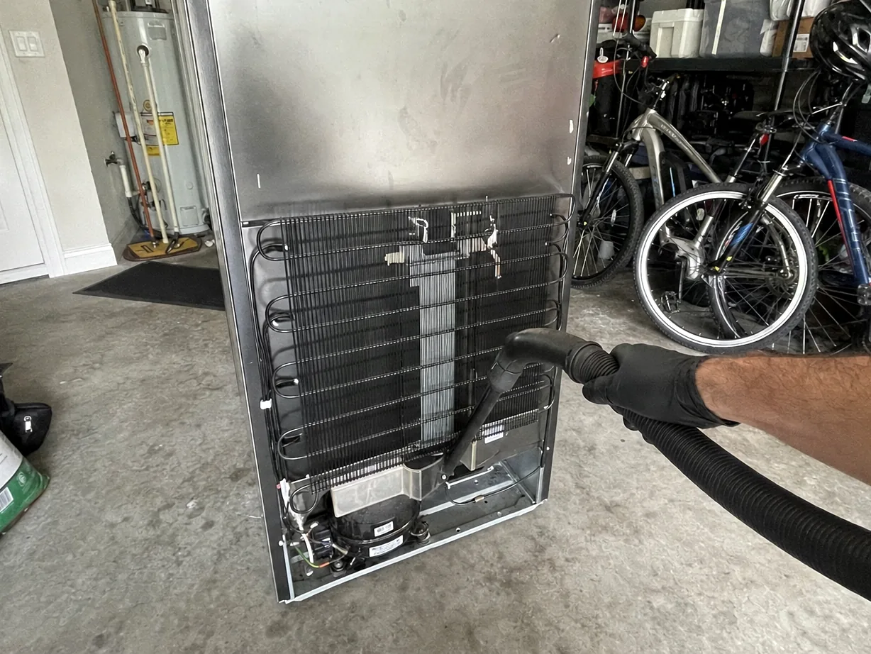 A gloved hand steering a vacuum hose across the lower coil of a refrigerator pulled away from a garage wall