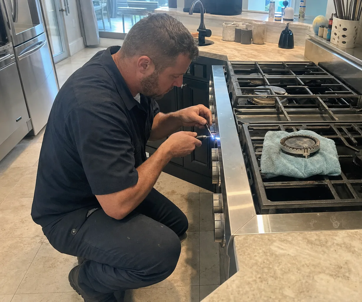 A technician leaning in over the open top of a stainless cooking appliance, the grate pushed clear and a burner cap wrapped in cloth beside it