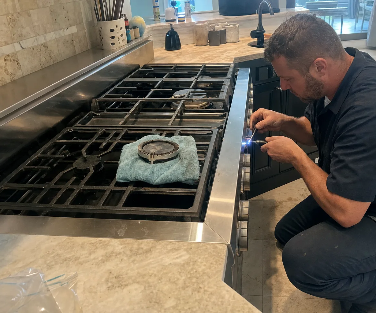 A stainless built-in cooking appliance mid-diagnosis, a technician working along the burner row with the kitchen island behind