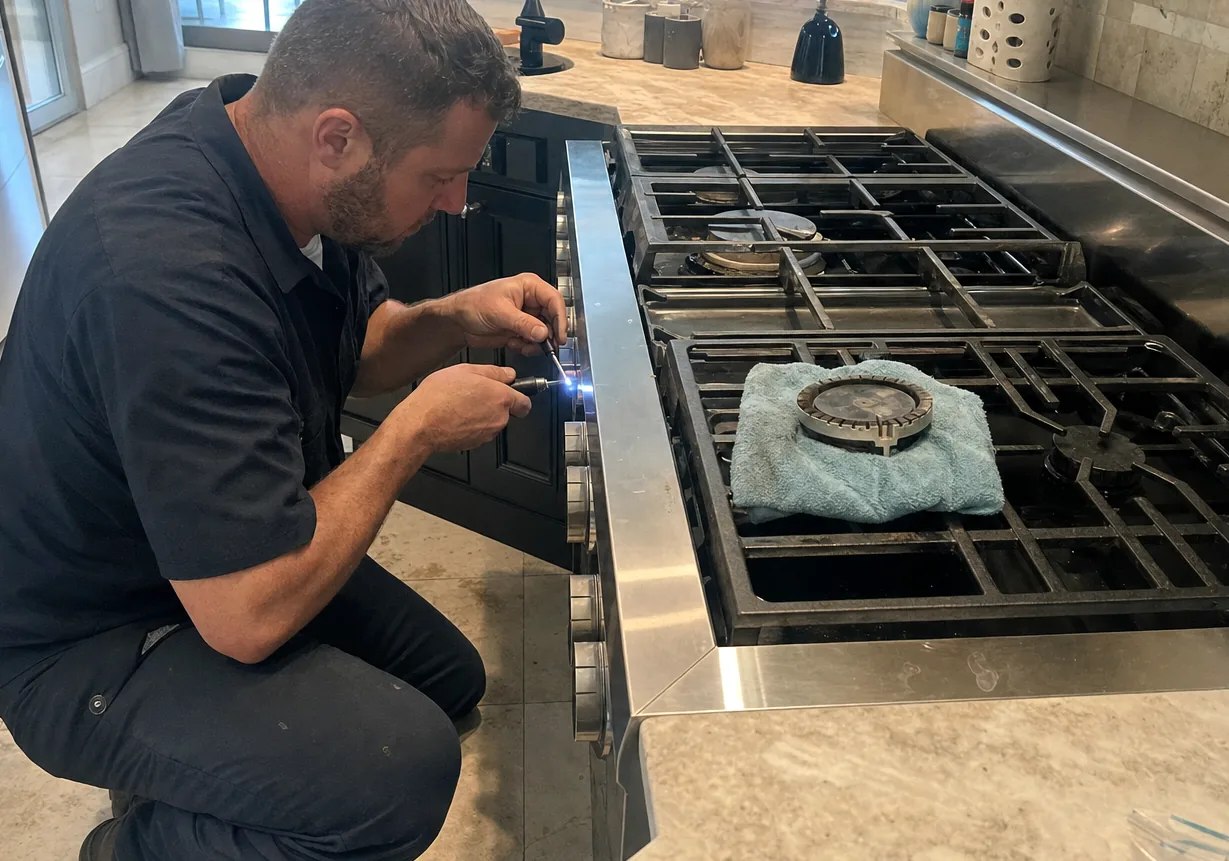 A technician kneeling at the base of a professional-style stainless range, sighting along the burner row before touching a part