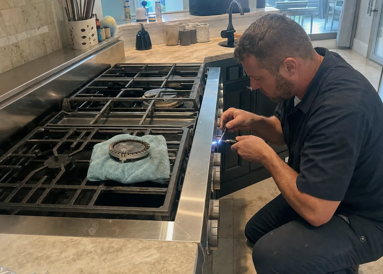 A cast-iron grate and a lifted burner cap on a stainless rangetop, the burner head exposed underneath and a technician working alongside