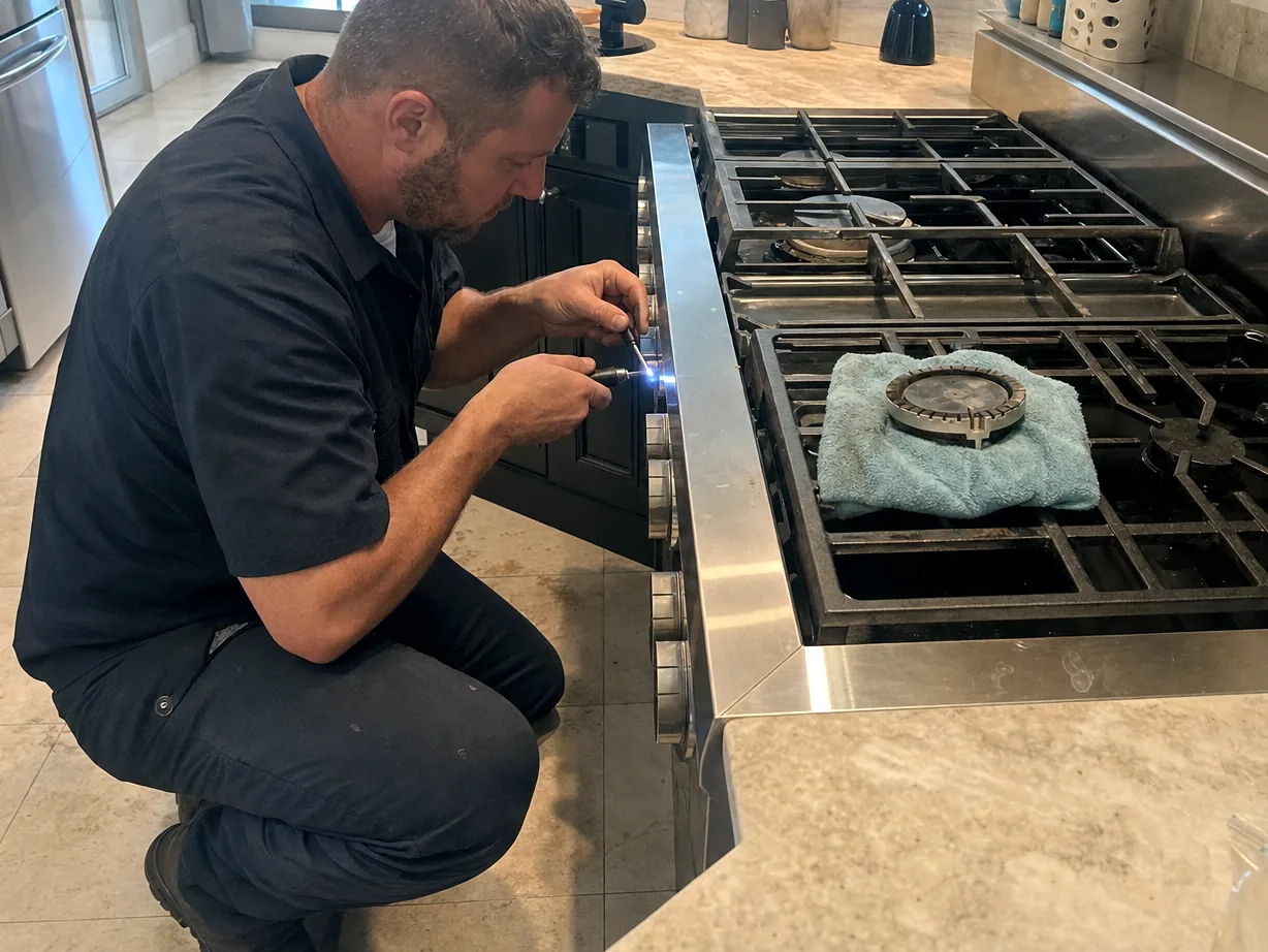 An open kitchen with a stainless cooking appliance under service, a cloth and hand tools laid out across the cooktop surface