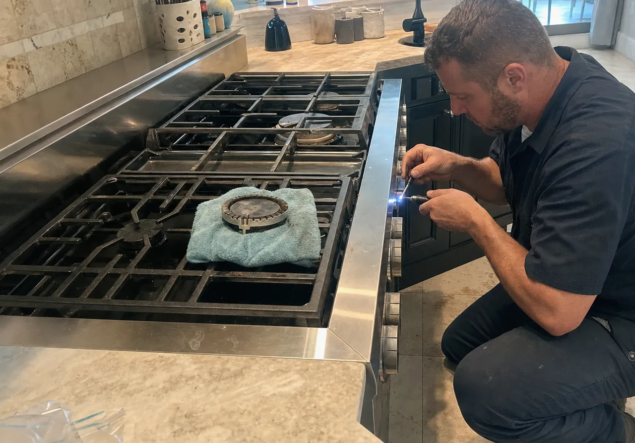 A technician working at a stainless rangetop with the grate pushed back, the run of cabinetry and the ducted wall behind him