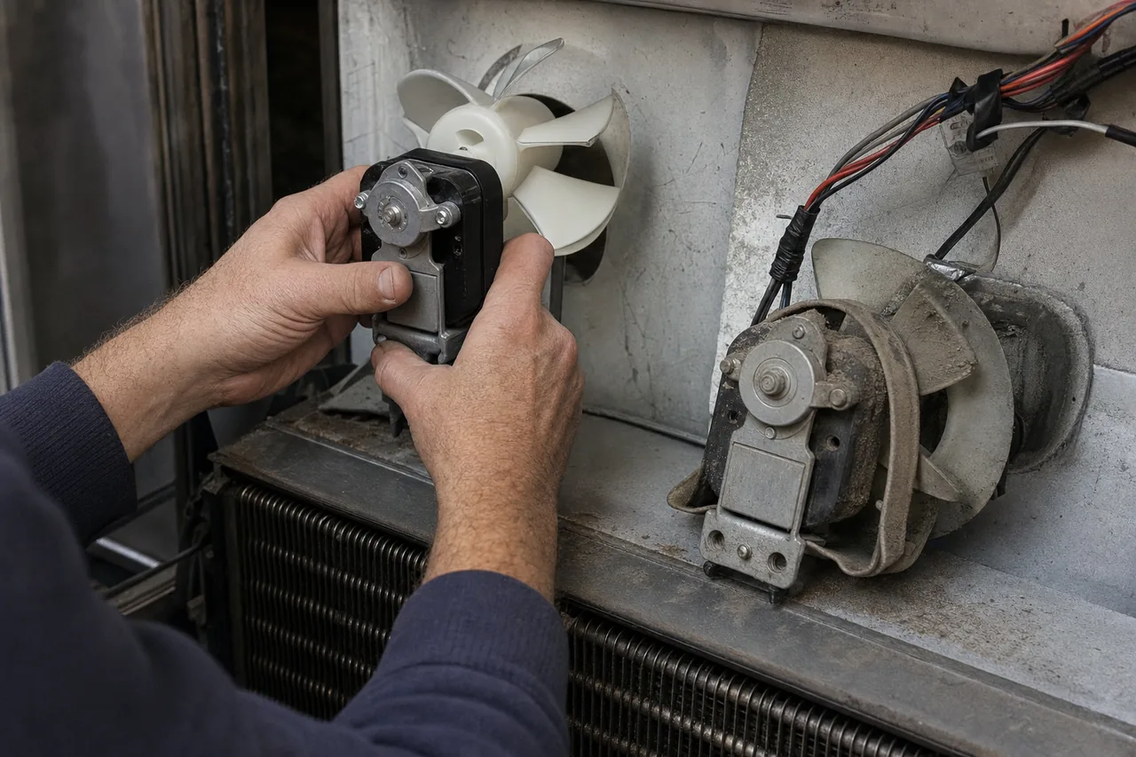 A replacement fan motor with a white plastic blade held next to the failed original that came off the same condenser