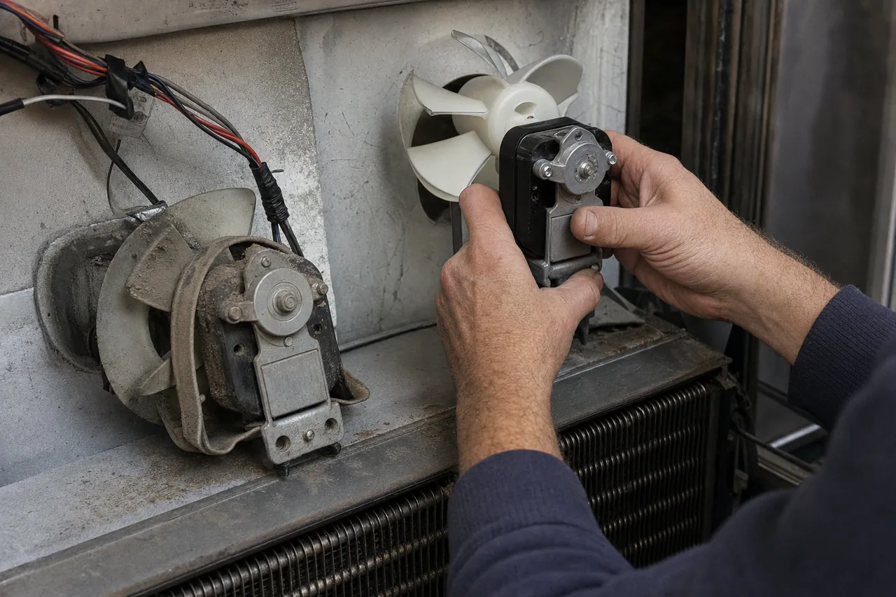 A dust-caked condenser fan motor still bolted into the machine compartment on the left, its wiring loom overhead, while both hands hold the clean replacement motor and its white blade alongside
