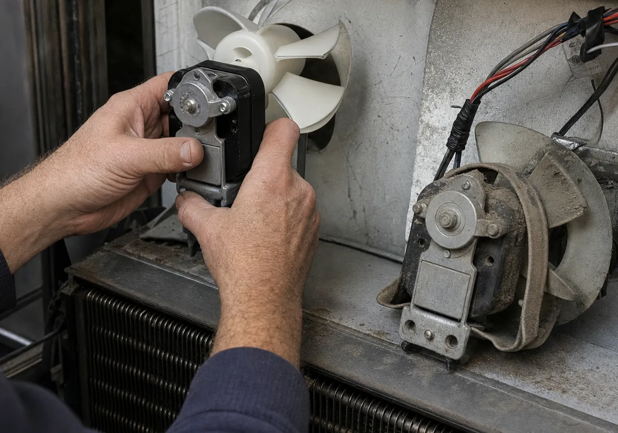 A hand offering up a replacement motor to the bracket where the failed one is still mounted, coil fins filling the lower half of the frame