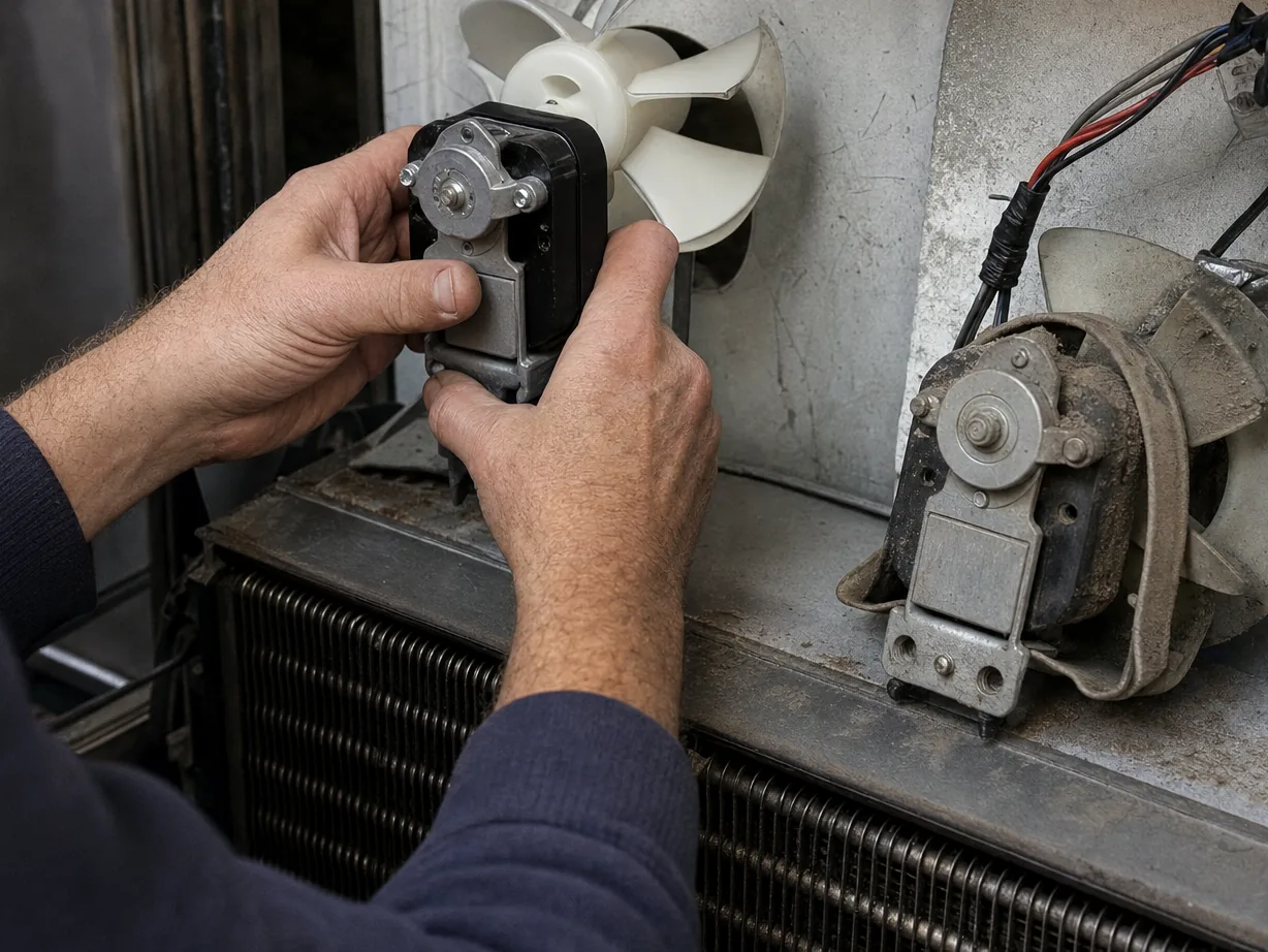 A replacement motor with its white fan blade fitted, held up against the discoloured original still bolted in position