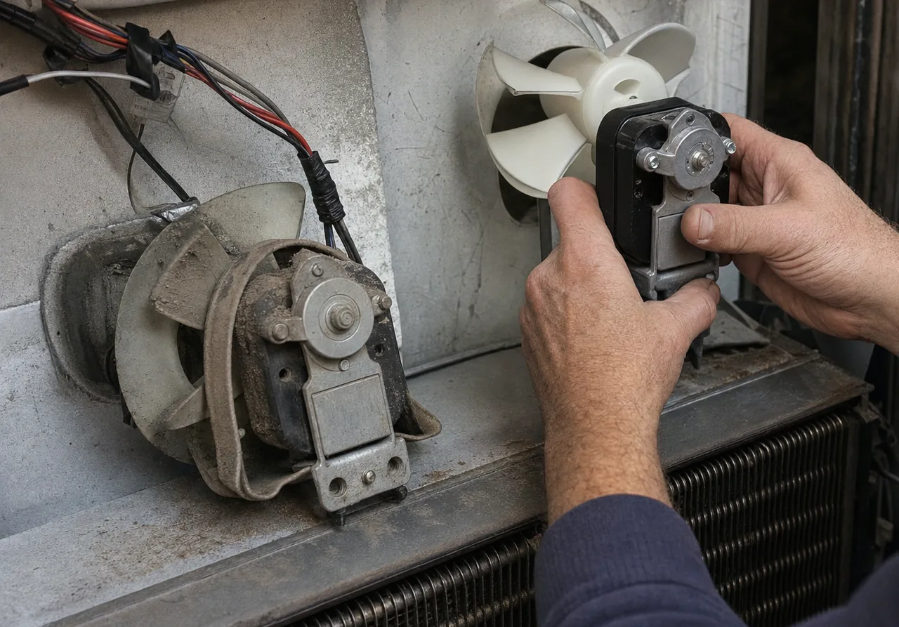 Hands holding a new fan motor over a condenser coil while the failed motor and its mounting bracket wait alongside